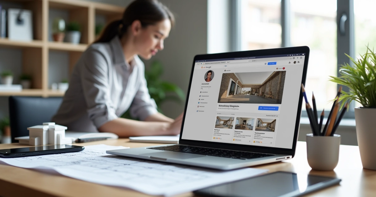 Arquiteto em pequeno escritório utilizando perfil do Google Meu Negócio na tela do computador 
