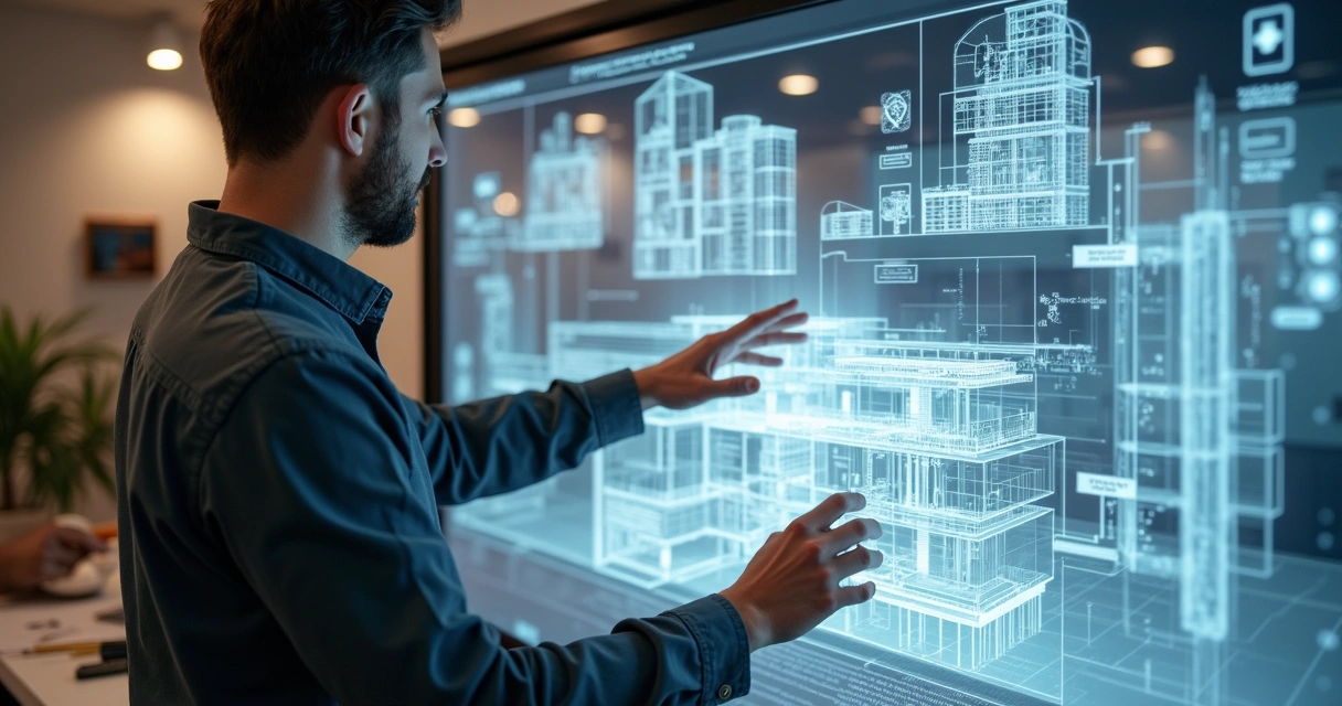 Arquiteto analisando projeto digital com objeto de IA 