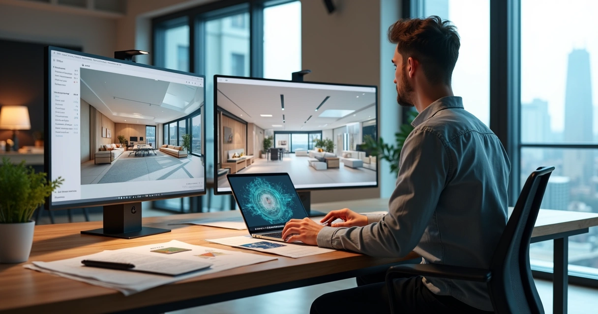 Arquiteto em escritório moderno usando IA no computador para projetar interiores 