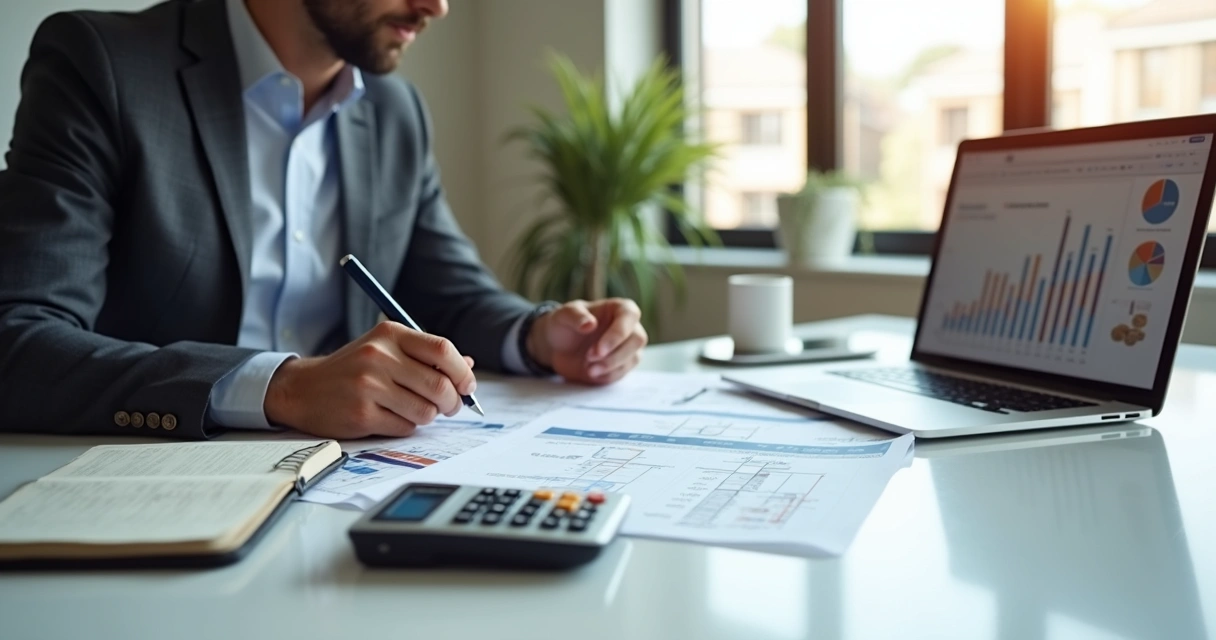 Arquiteto analisando finanças e documentos no escritório 