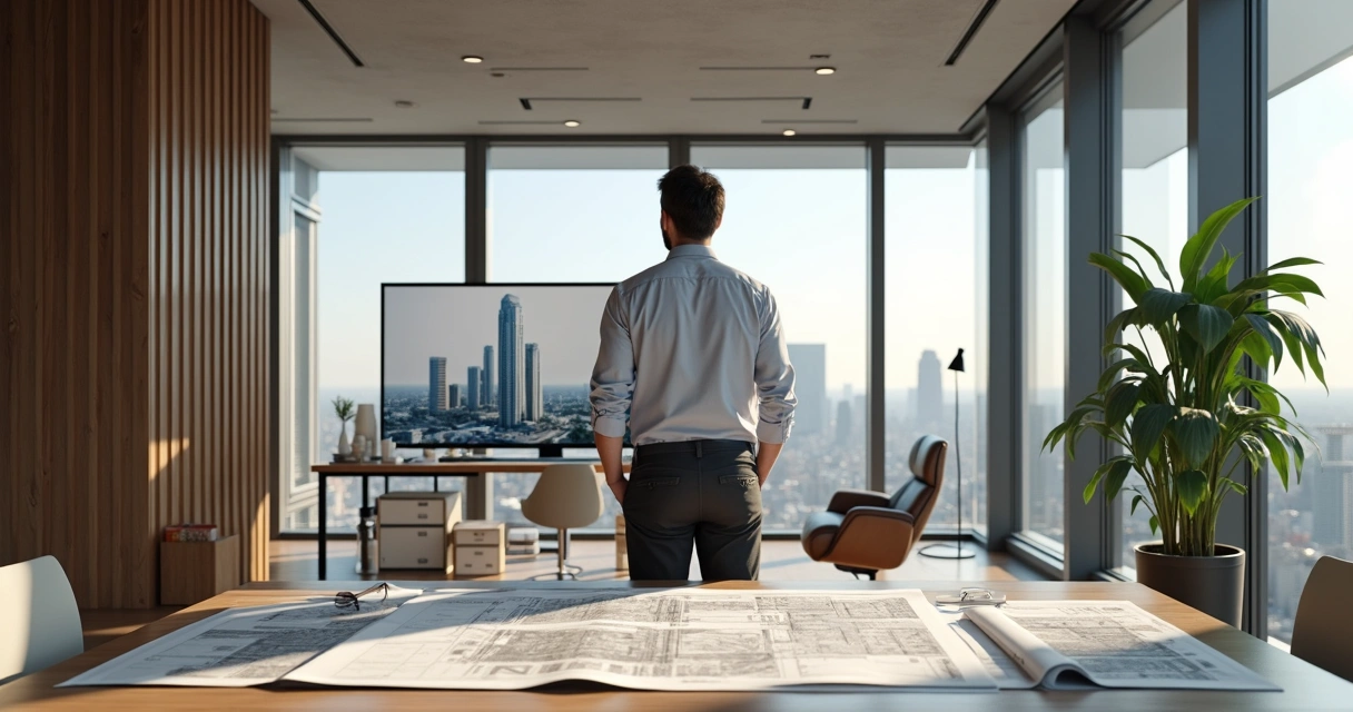Arquiteto projetando prédio moderno em escritório espaçoso 