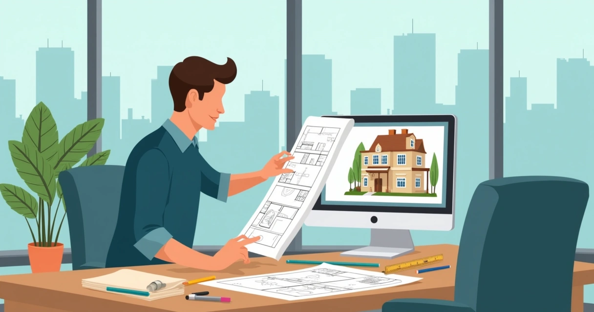 Arquiteto analisando planta digital de imóvel em PC moderno 