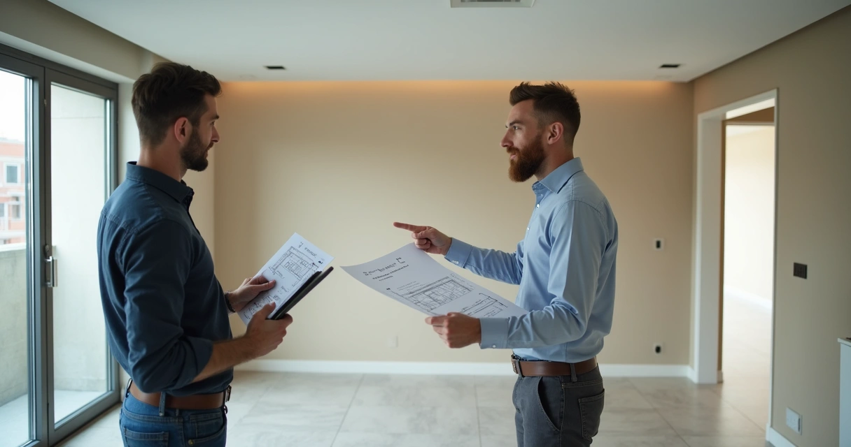 Arquiteto e vistoriador analisando apartamento vazio 