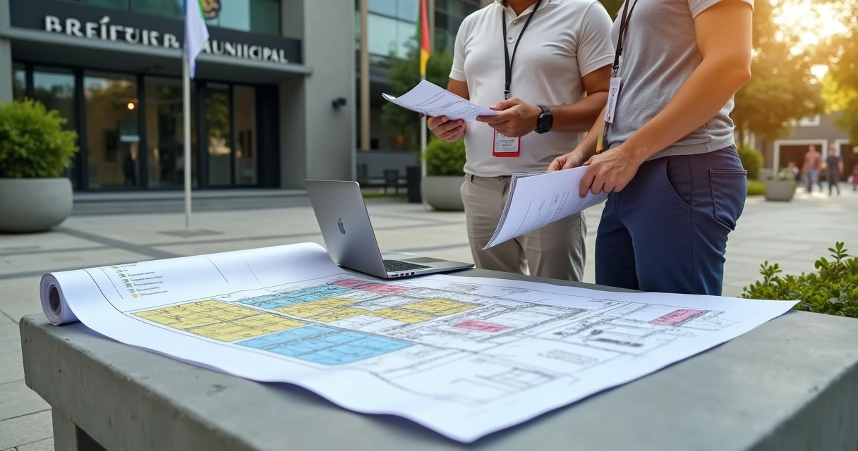 Arquitetos analisam projeto de casa com prédio da prefeitura ao fundo 