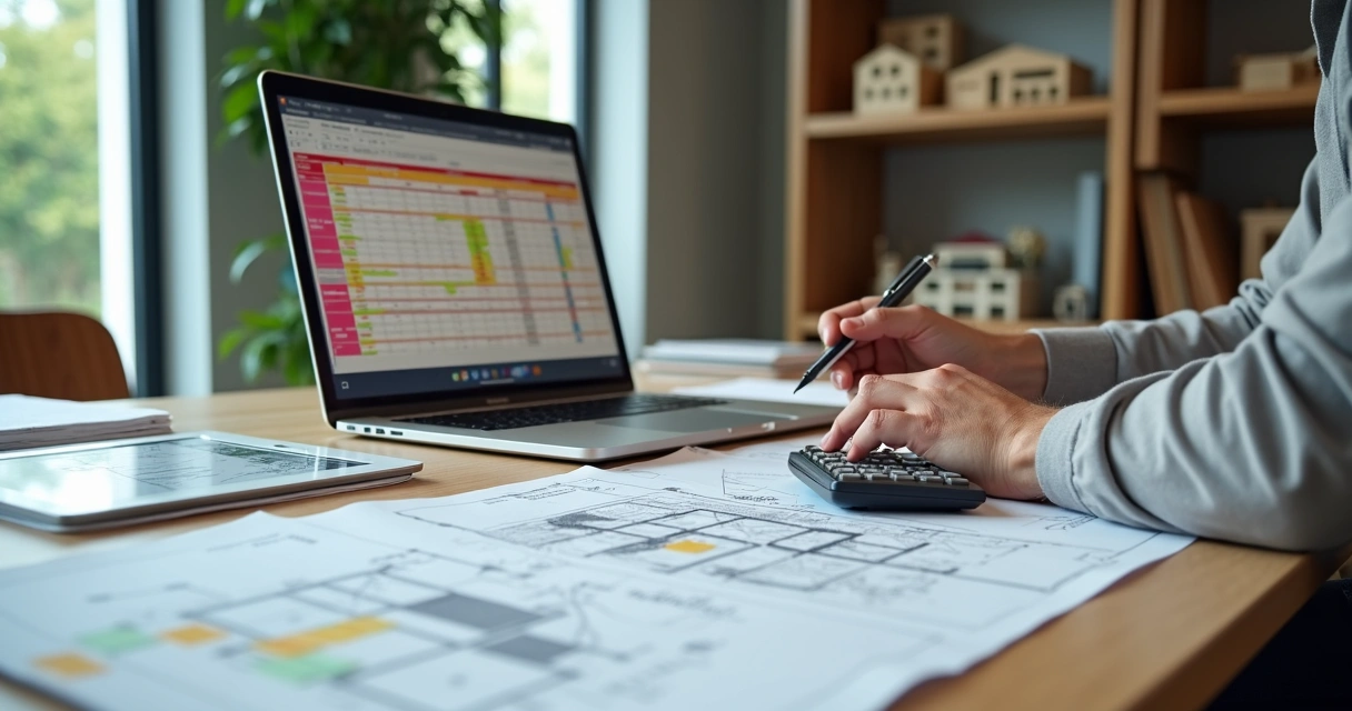 Arquiteto calculando honorários com planta e planilha de custos sobre a mesa 