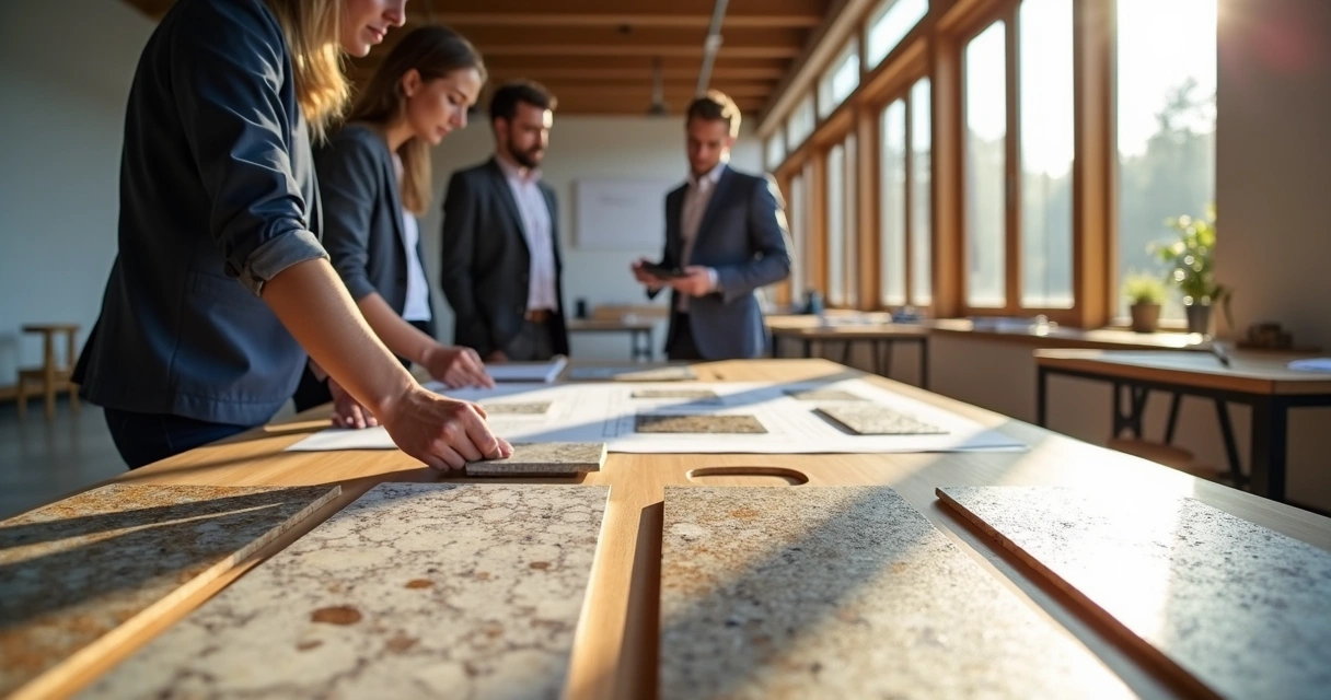 Arquitetos discutindo amostras de pedra com diferentes padrões e cores sobre uma mesa de projeto. 
