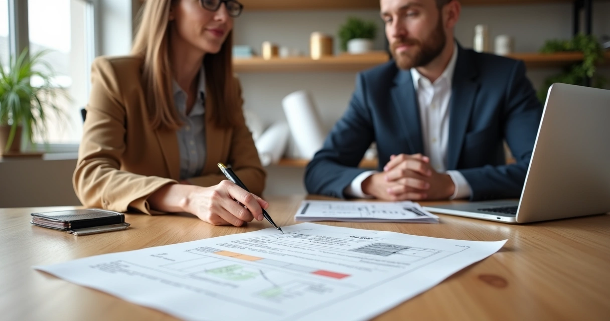 Arquiteta e cliente analisando contrato visual de arquitetura na mesa do escritório 