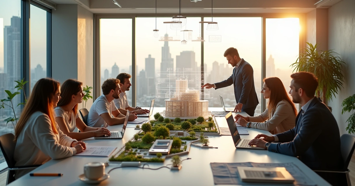 Escritório de arquitetura com reunião de arquitetos analisando projetos premados no AD100 2026