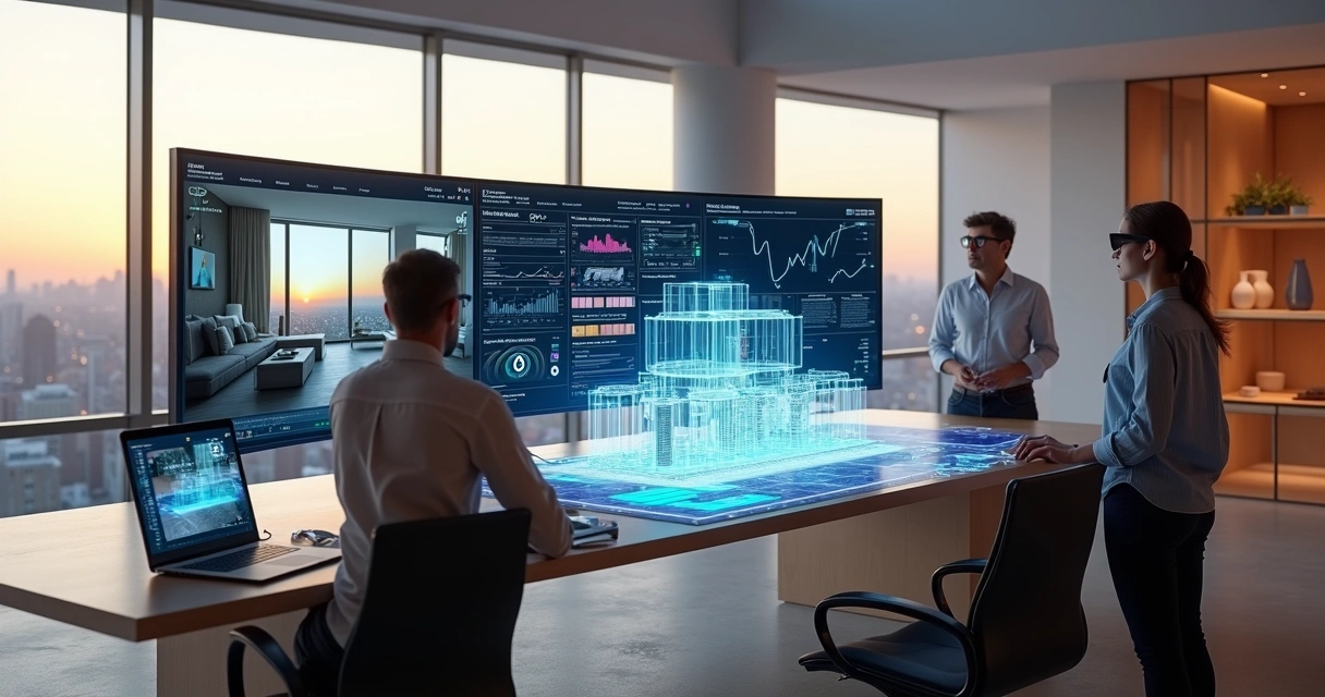 Arquitetos analisando projeto 3D com telas de inteligência artificial no escritório 