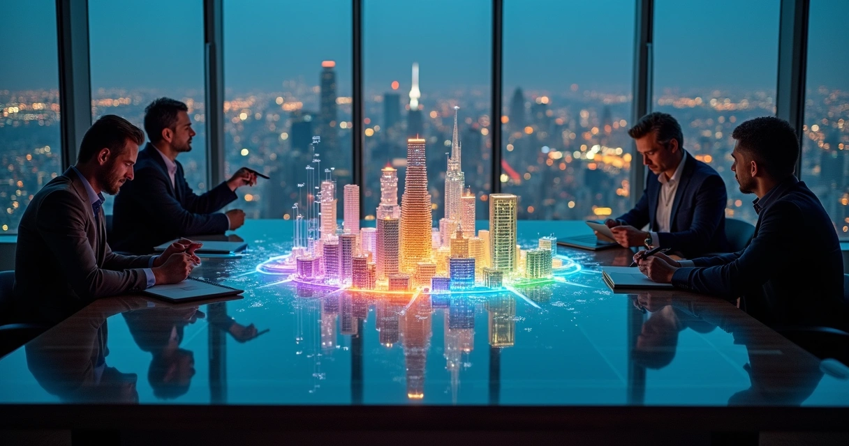 Arquitetos observam maquete corporativa cortada em fatias iluminadas 