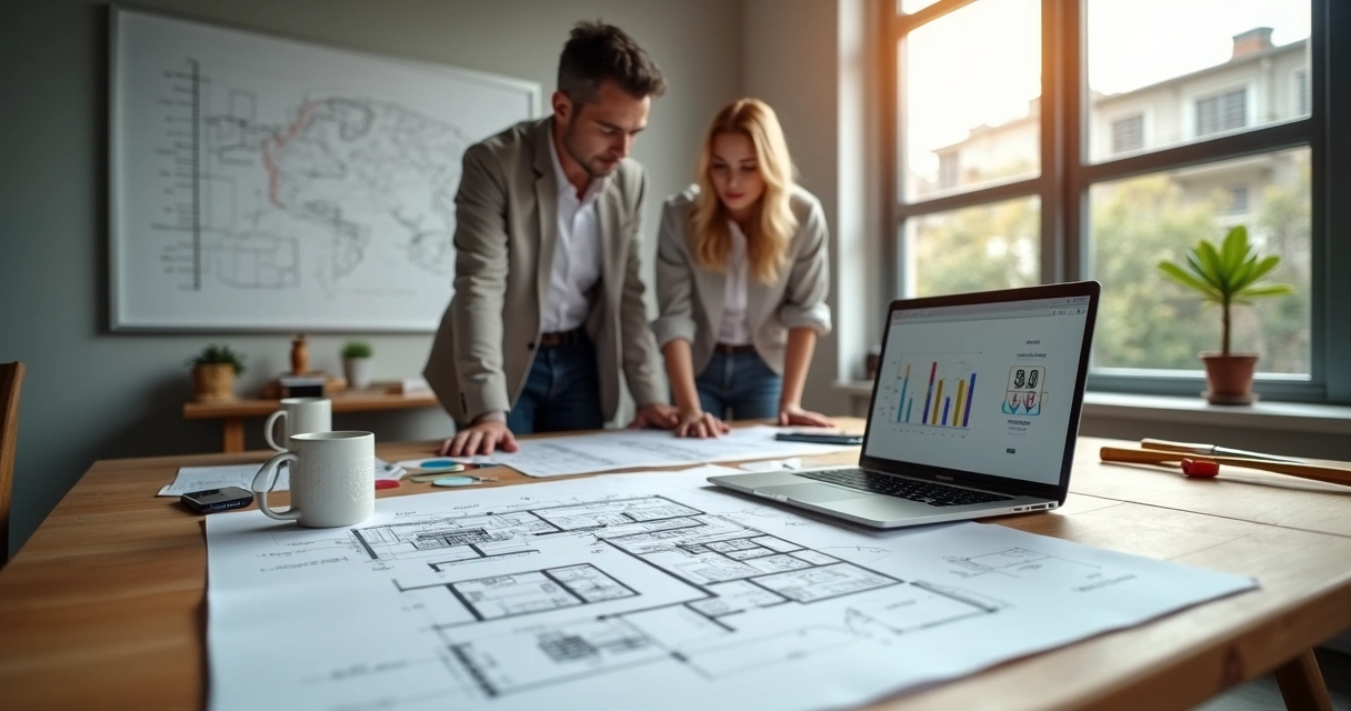 Arquitetos analisam plantas de casa com aplicativo de financiamento aberto no notebook 