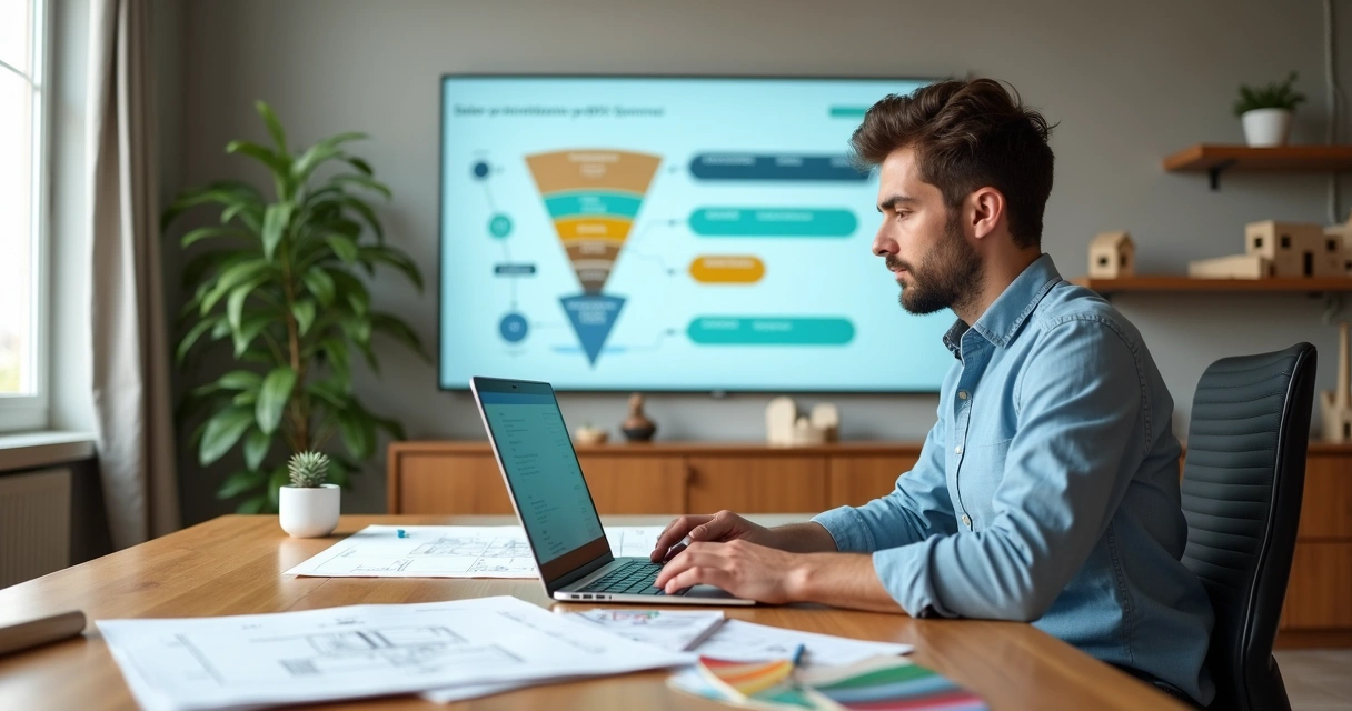 Arquiteta analisando funil de vendas digital com fluxo de nutrição de leads 