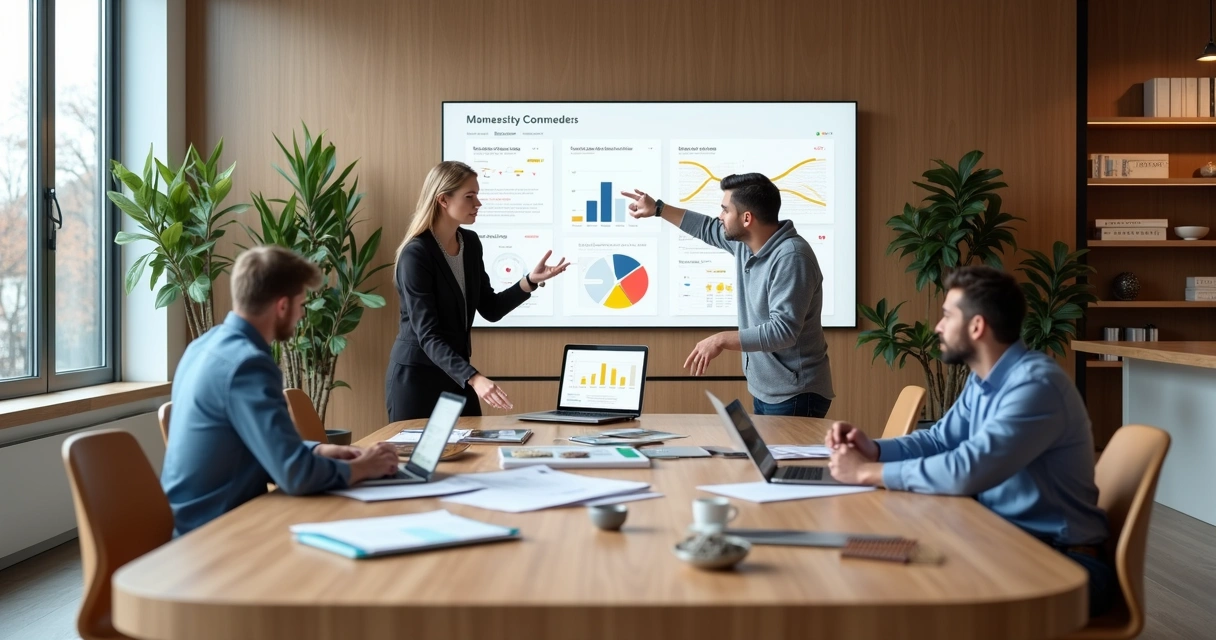 Arquitetos em reunião com cliente analisando gráficos de retenção e captação 