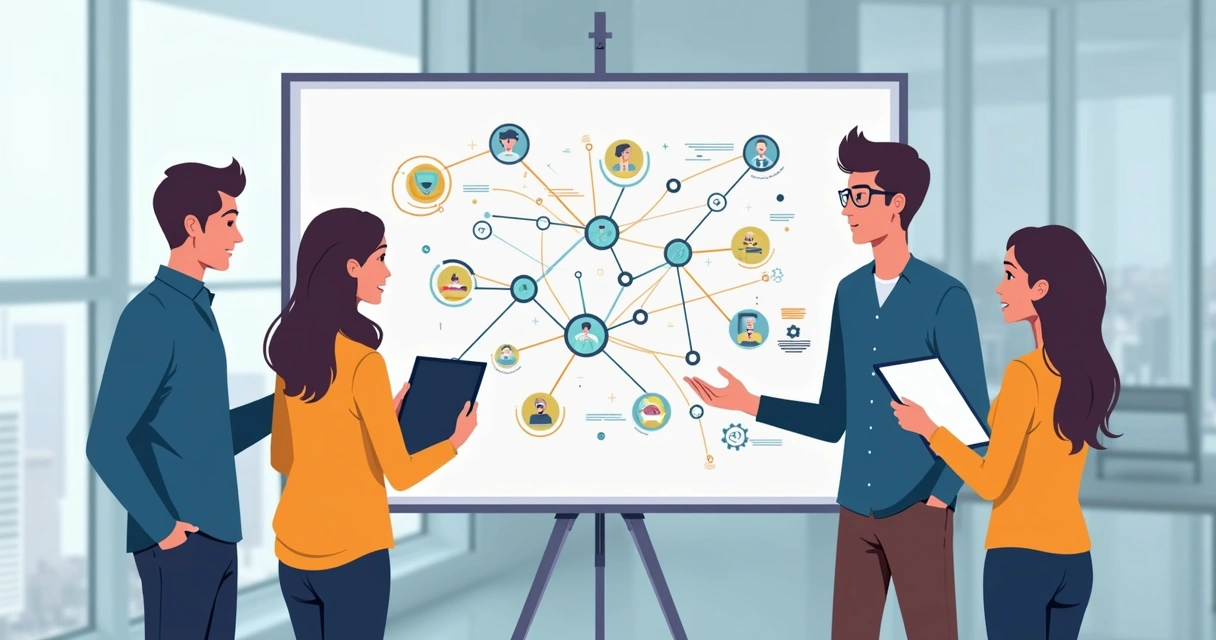 Equipe reunida planejando um sistema digital em um quadro 