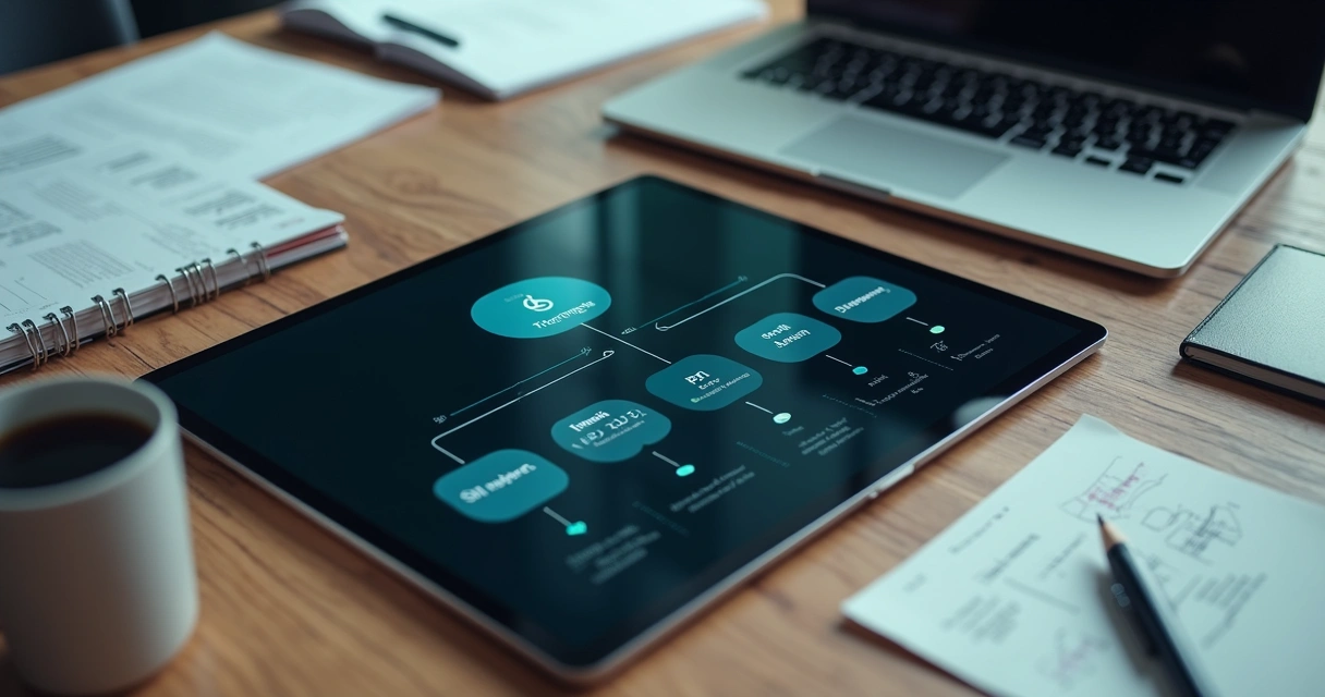 Fluxo de contas digitais com subcontas conectadas em diagrama no tablet sobre mesa de trabalho 