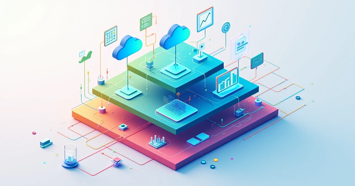 Fluxo visual colorido de dados conectando estruturas digitais em camadas 
