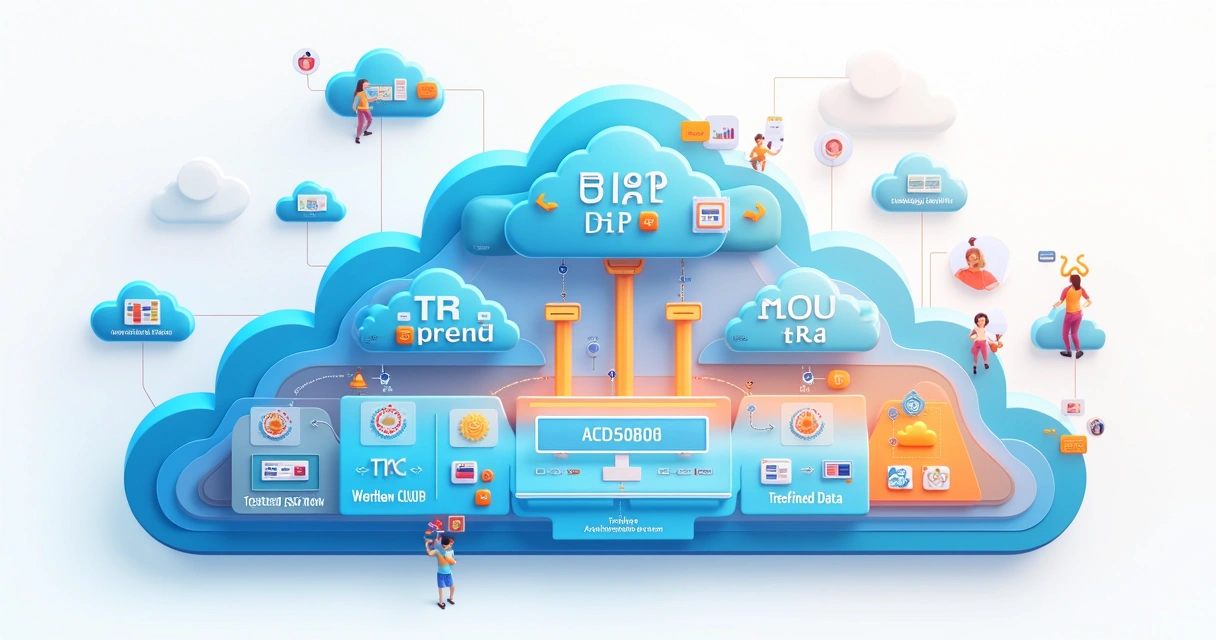 Diagrama colorido mostrando arquitetura de data lake em nuvem, camadas de dados separadas, fluxos de ingestão e usuários acessando. 
