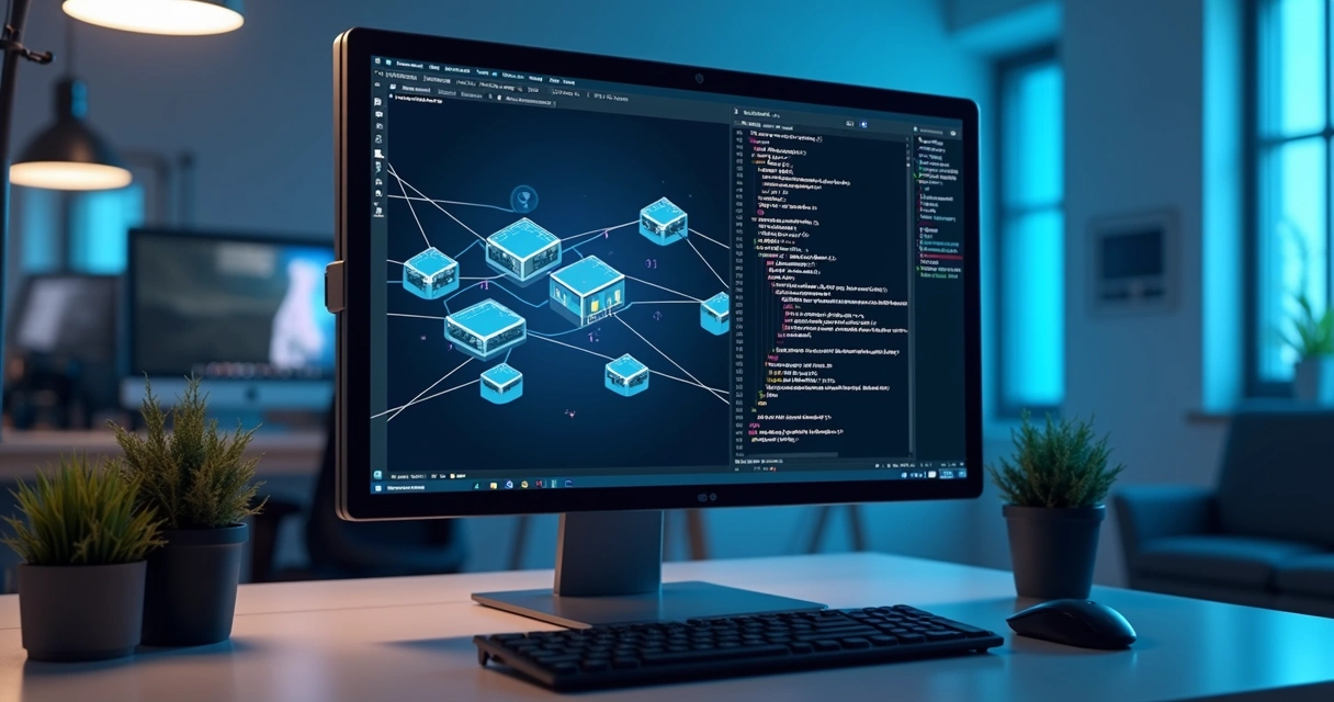 Representação detalhada da arquitetura Docker mostrando containers em execução, imagens e orquestração com Docker Compose em tela de computador 