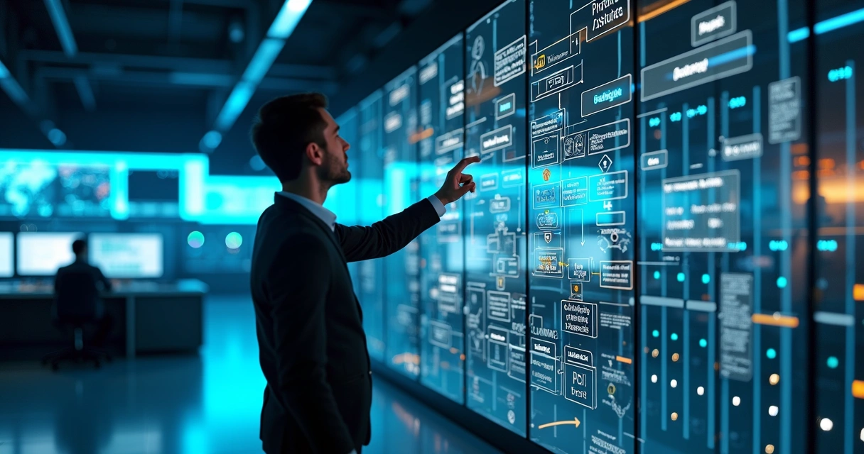 Arquiteto de software desenhando arquitetura de gateway de pagamento em quadro de vidro cheio de diagramas 