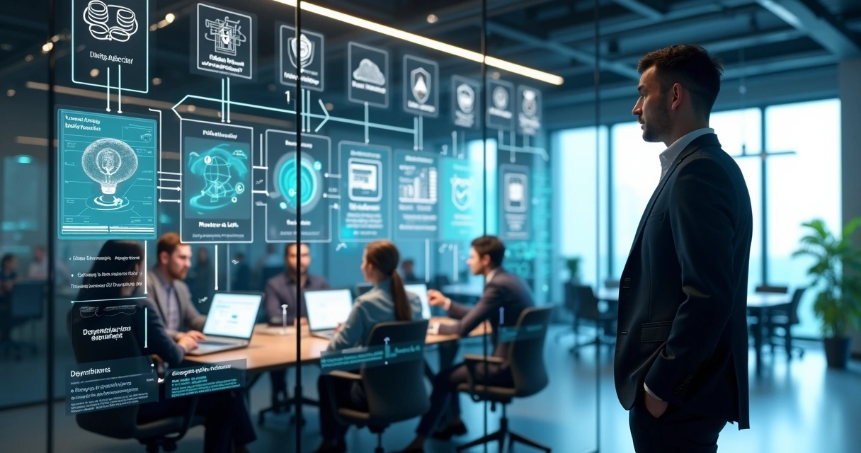 Profissional analisando arquitetura de IA em painel com fluxos de dados e sistemas empresariais 
