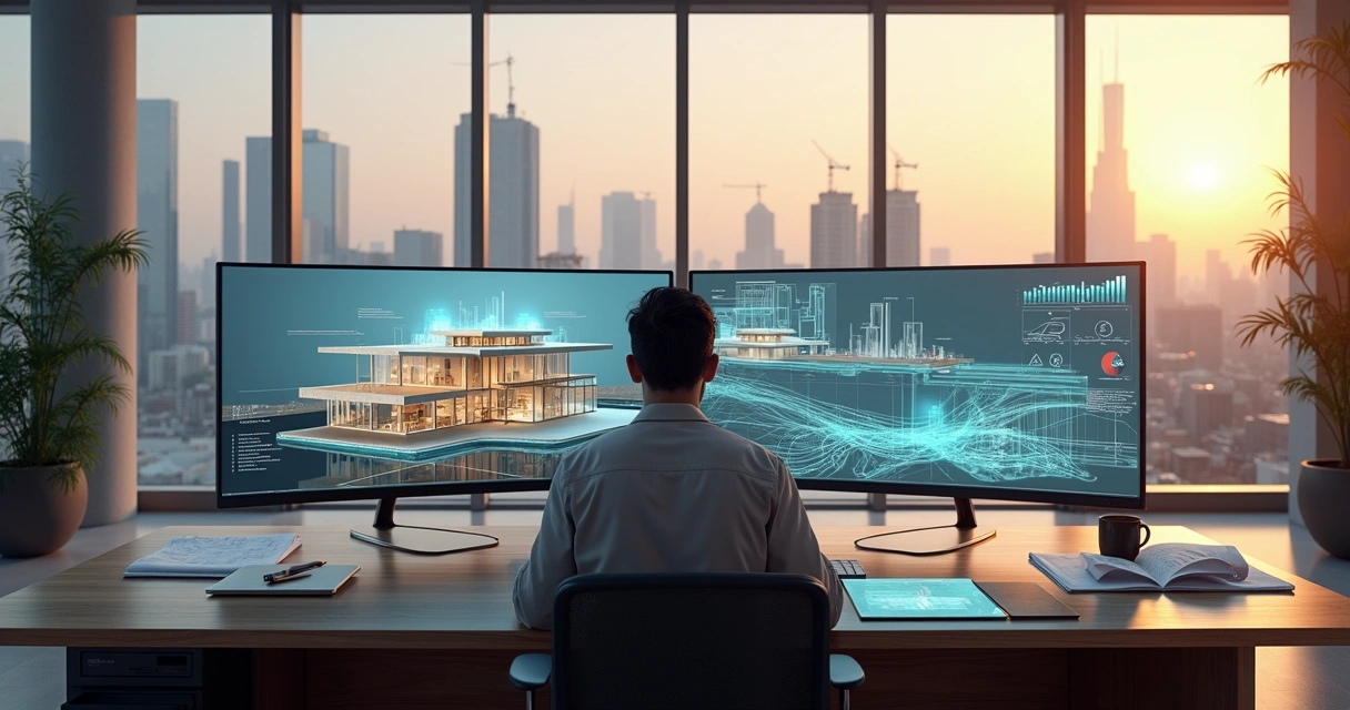 Arquiteto analisando projeto 3D com interface de inteligência artificial 
