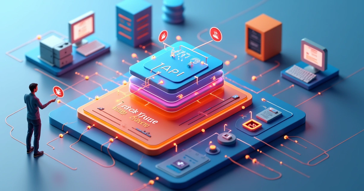 Esquema 3D de camadas de integração entre IA e sistema legado, com setas conectando APIs e gateways 