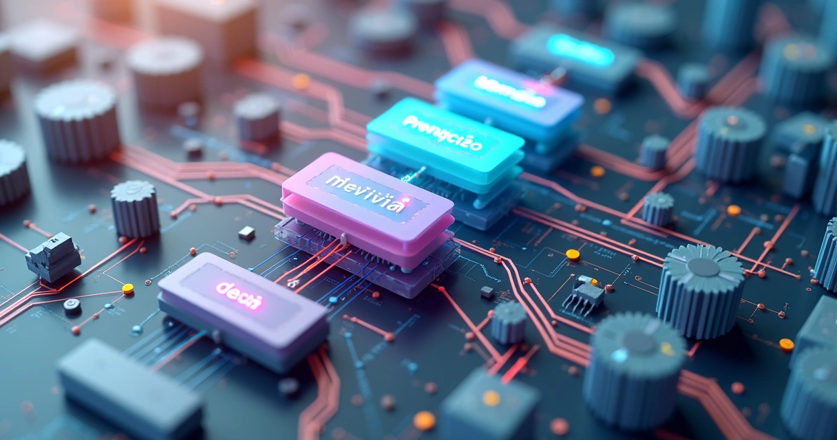 Diagrama de arquitetura de IA, com módulos conectados por fluxos de dados