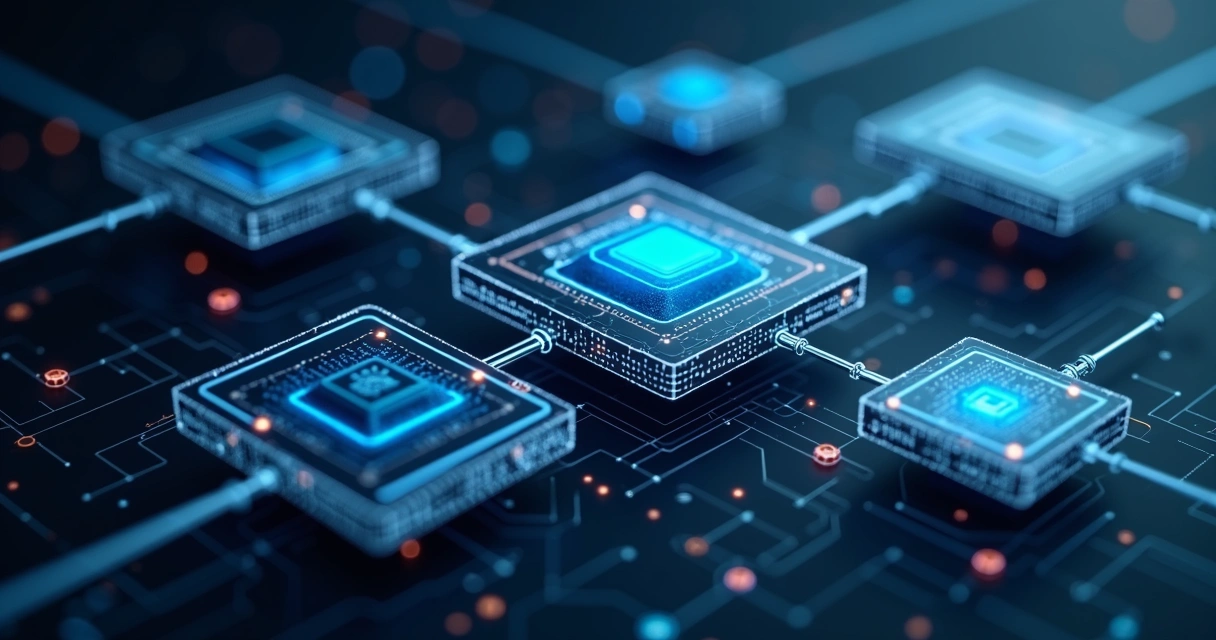 Representação realista de arquitetura de microsserviços com conexão entre módulos digitais em tons azuis e cinzas 