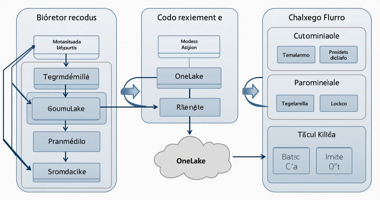 Diagrama simplificado da arquitetura do Power BI Fabric com Direct Lake, mostrando conexão com o OneLake e fluxo de dados 