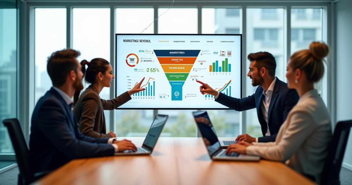 Gestores analisando painel de métricas de marketing vendas e sucesso do cliente em sala de reunião moderna 