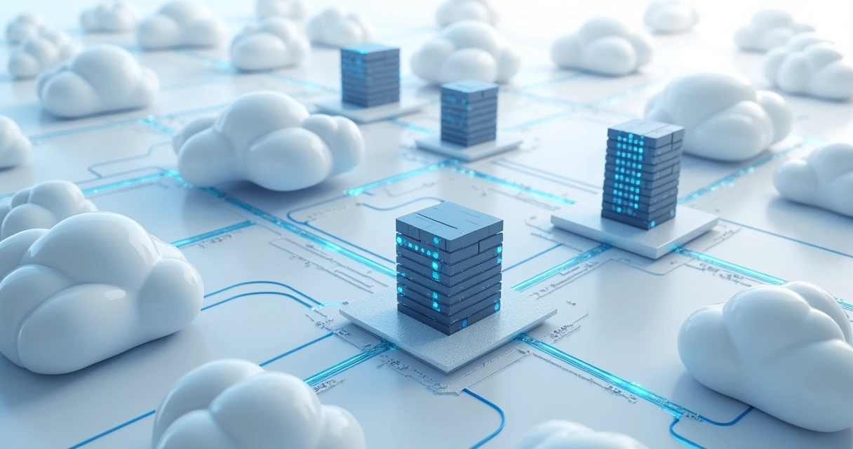 Diagrama de arquitetura de software com múltiplos servidores redundantes conectados por linhas, ilustrando distribuição de carga em nuvem 
