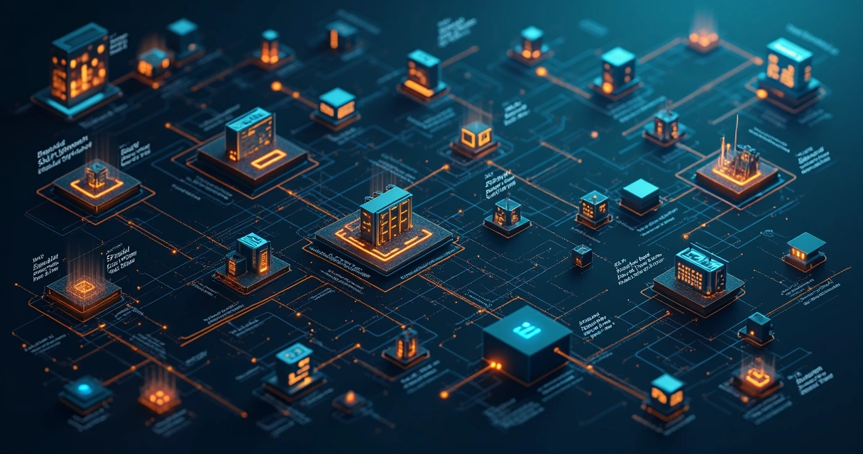 Representação visual de arquitetura distribuída com microserviços, filas e falhas de rede. 