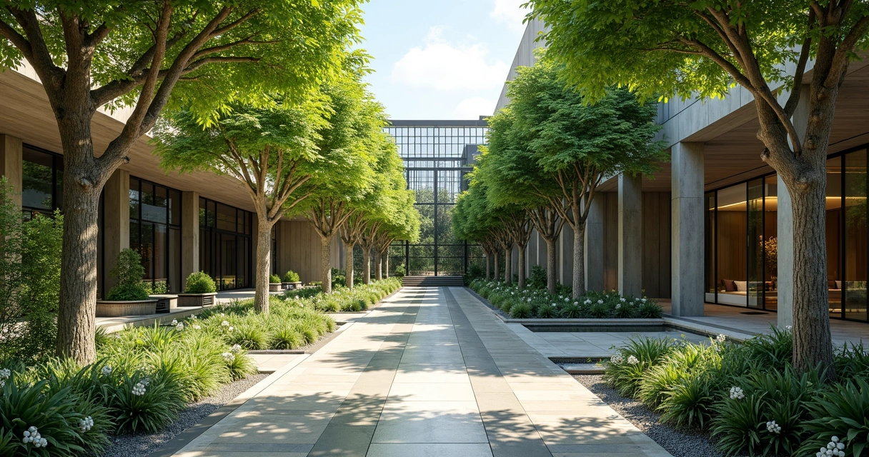 Jardim ao lado de arquitetura moderna e árvores centenárias 