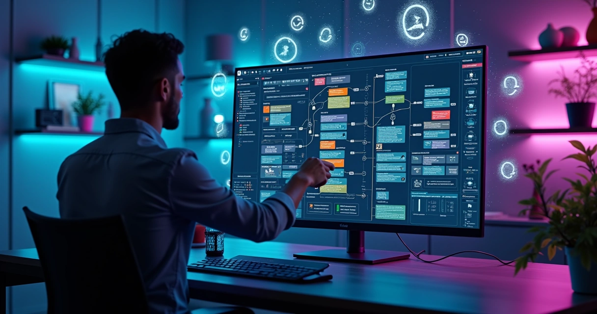Desenvolvedor guiando agentes autônomos em painel visual de automação com IA 