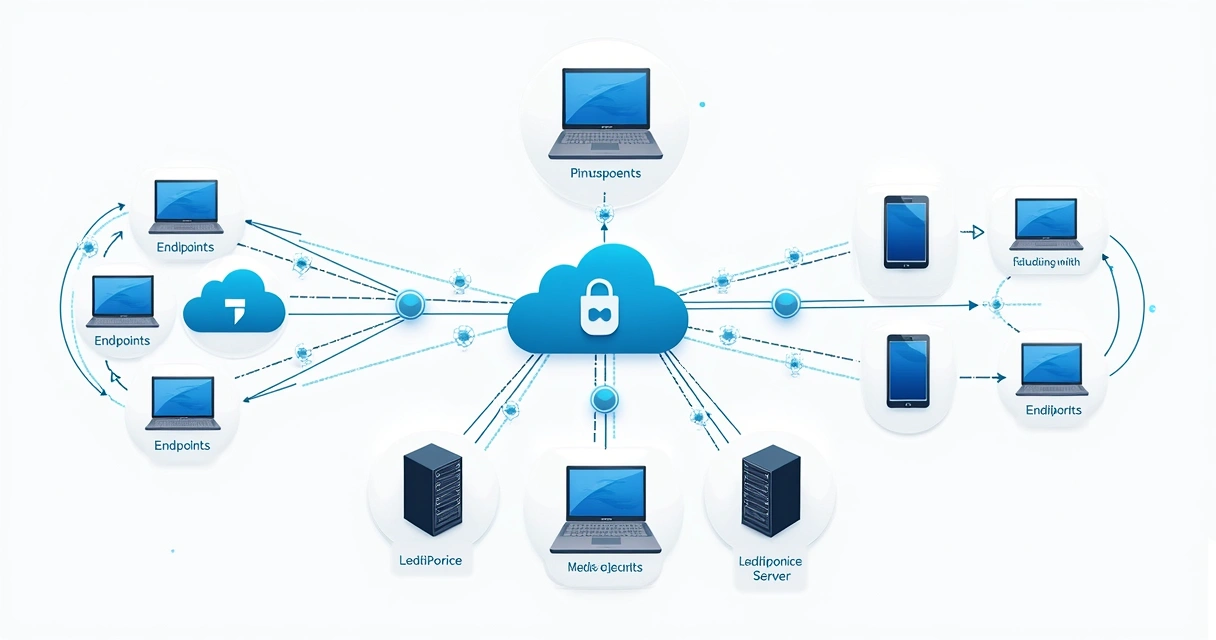 Diagrama mostrando camadas de tecnologia XDR conectando nuvem, endpoints e rede 