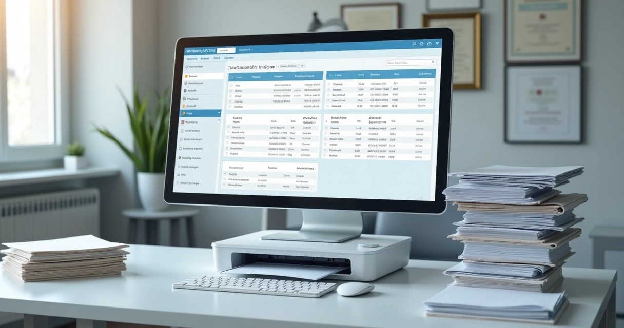 Pastas digitais e scanner em ambiente administrativo de clínica