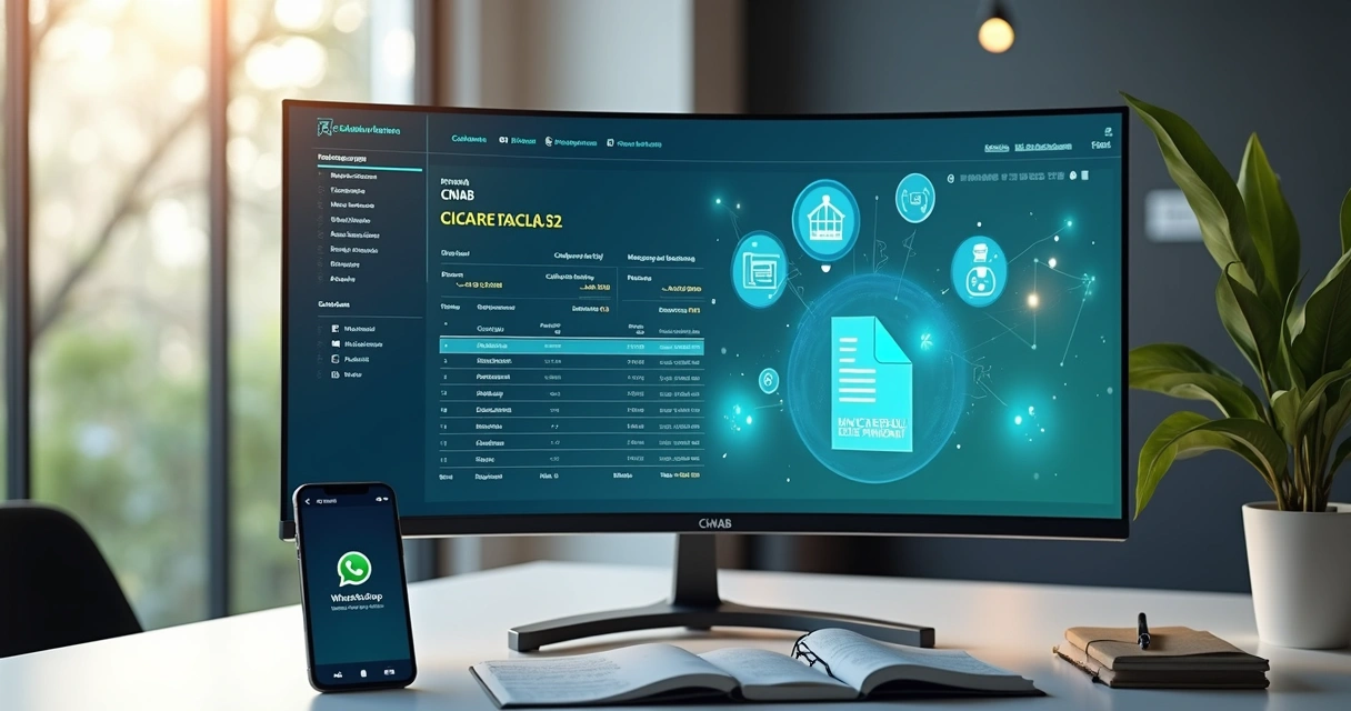 Tela de computador exibindo arquivo CNAB com dados financeiros e ícones de bancos digitais ao fundo 