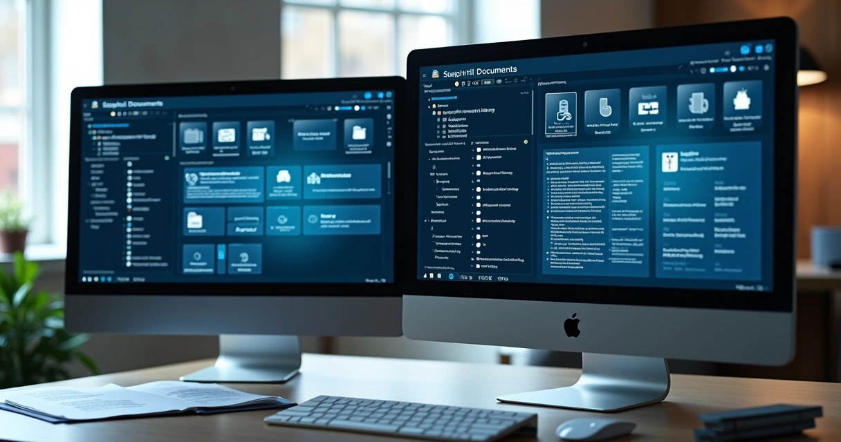 Duas telas de computador exibindo sistema de arquivos digitais jurídicos, com ícones de notificações e laudos 