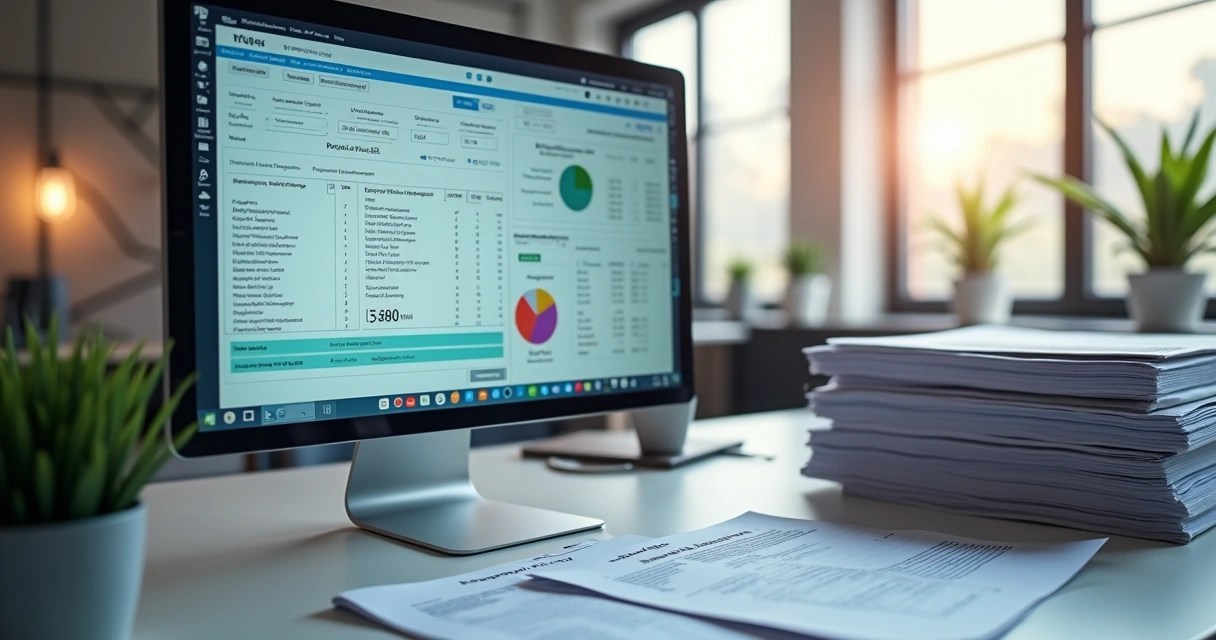Mesa de escritório com documentos fiscais eletrônicos digitais em tela de computador e arquivos organizados ao lado 