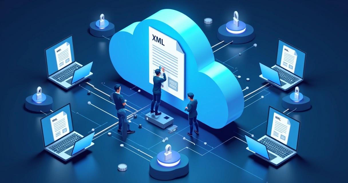 Arquivos XML de notas fiscais eletrônicas armazenados em nuvem, representados por um servidor digital seguro e interface intuitiva 