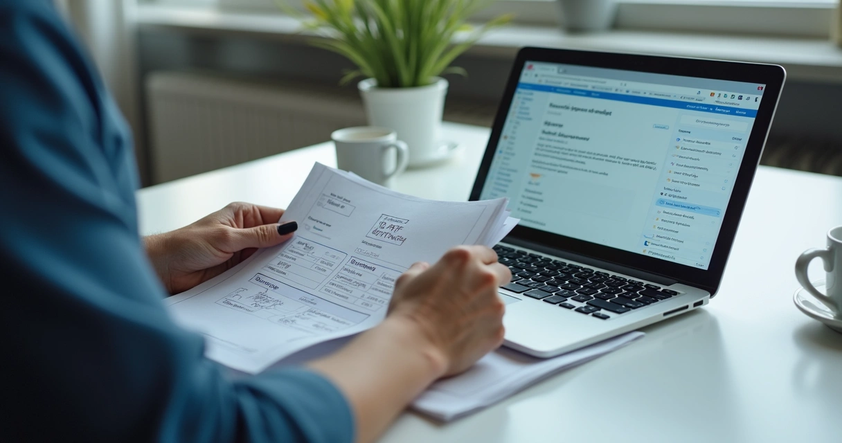 Pessoa organizando recibos digitais de saúde em notebook