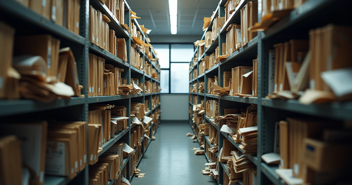 Prateleiras com pilhas de documentos e pastas desorganizadas em condomínio. 