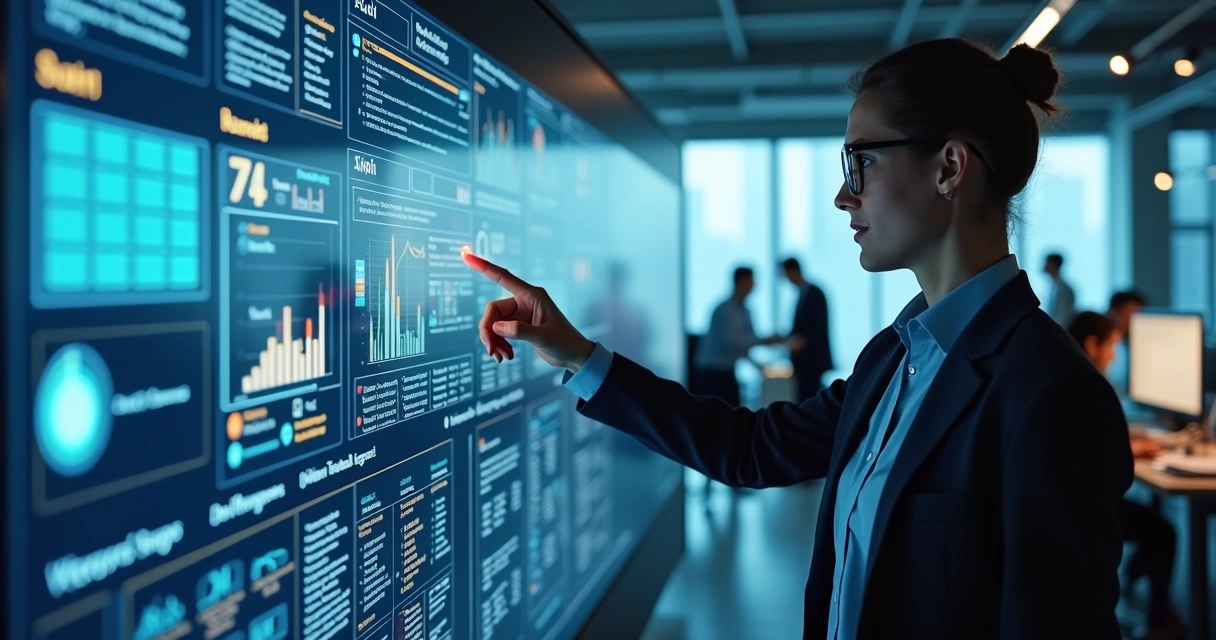 Gestor acessando arquivos digitais em dashboard de controle empresarial 
