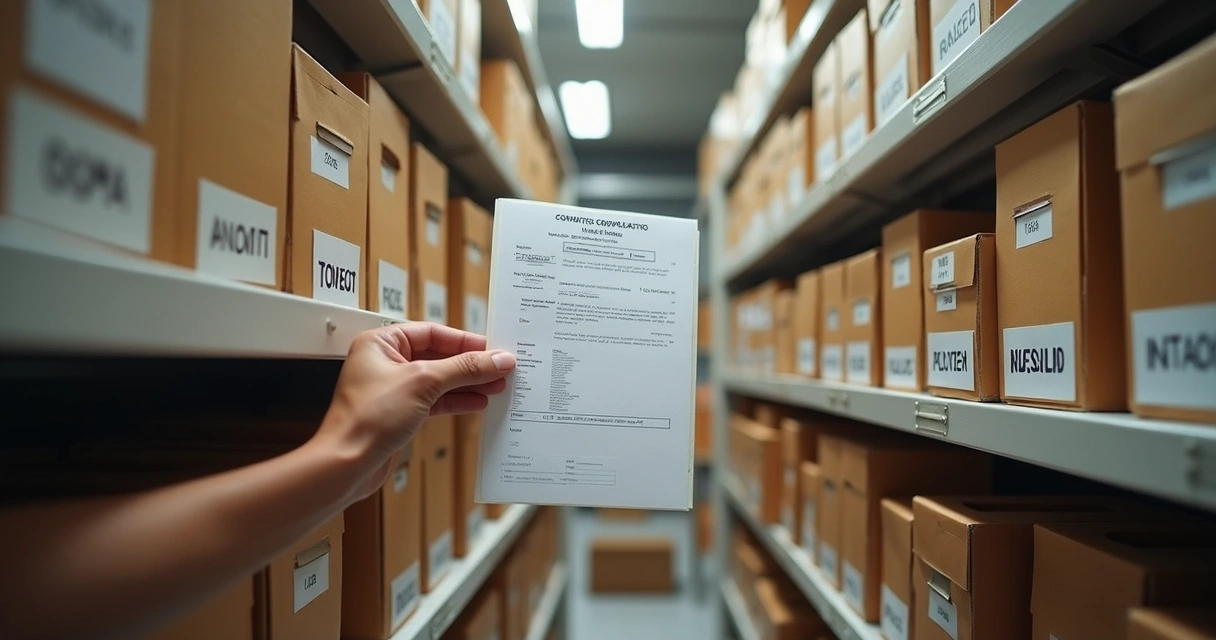 Arquivo físico de documentos de obra em estante 