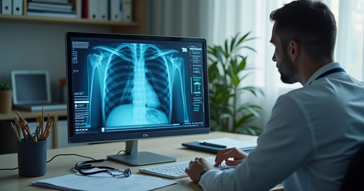 Médico analisando arquivo digital em clínica 