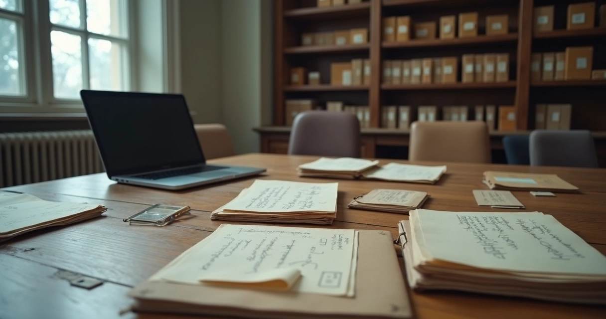 Documentos antigos e tela digital sobre mesa de arquivo