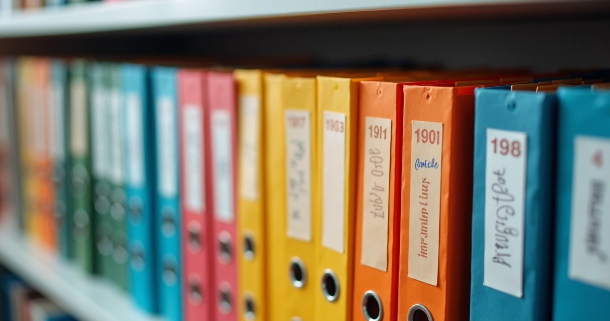 Pastas coloridas organizadas em estante de escritório com etiquetas de meses e anos 