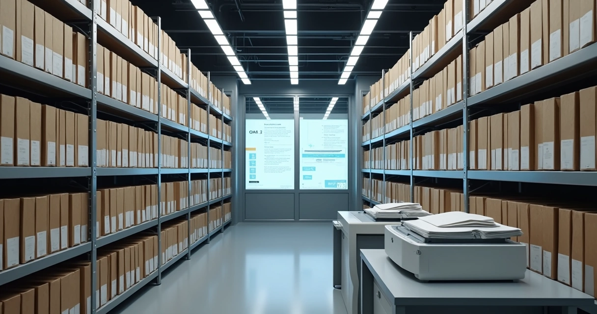 Sala de arquivo permanente com estantes de documentos e monitores digitais integrados 
