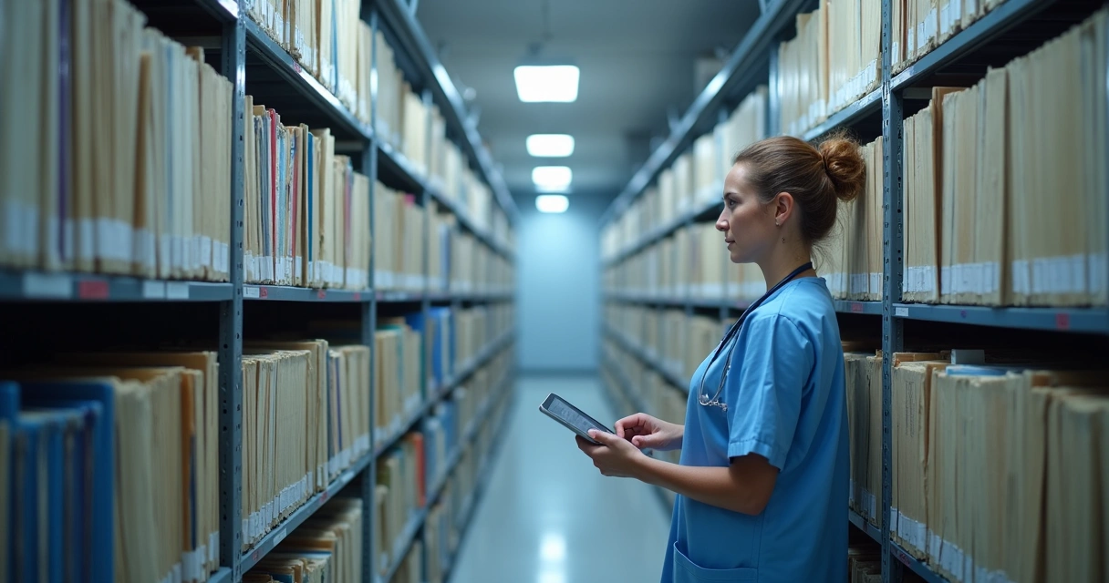Médico organizando prontuários médicos em estantes de arquivo 