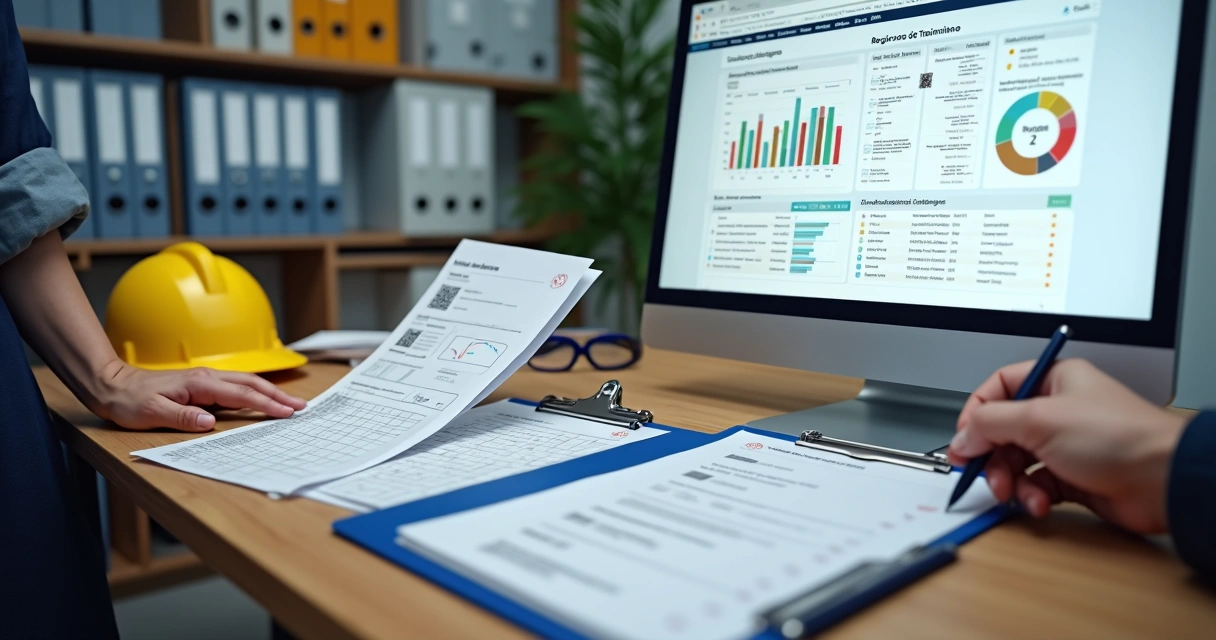 Profissional organizando registros de treinamento impressos e digitais em pasta e tela com gráfico de conformidade 